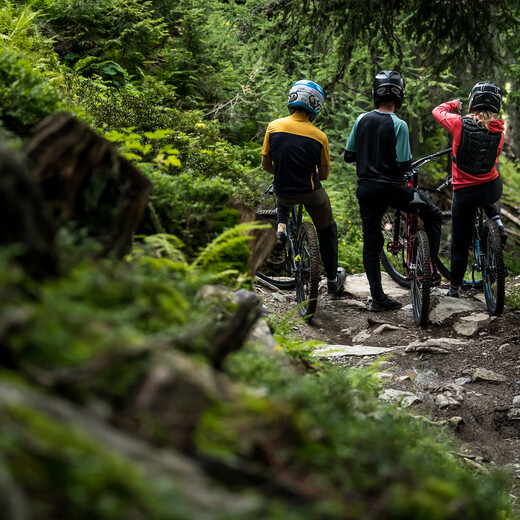 Mountainbiker auf einem Trail im Wald in Saalbach Hinterglemm | © Nathan Hughes