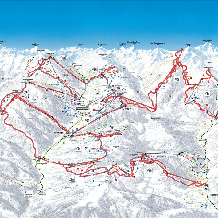 Skiabfahrten Skicircus Skikarte zeigt Verbindung zwischen den vielen Skipisten